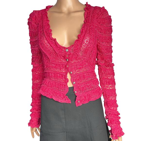 Free People Wild Roses Pink Ruffle Knit Cardigan Sweater NWT Size S Wild Berry - Picture 2 of 11